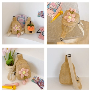 Detailed views of kids woven straw crossbody bag with floral and fruit decorations
