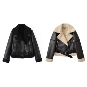 Women's faux shearling aviator jacket with belt in black and brown styles