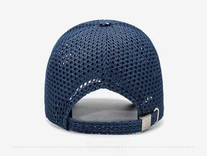 Macro shot of navy mesh baseball cap back with adjustable metal buckle and B logo