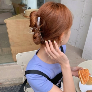 French style transparent geometric shark hair claw clip worn by a model in a natural setting