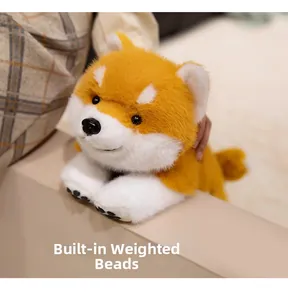Detail of Shiba Inu plush toy showing the built-in weight particles for stable sitting