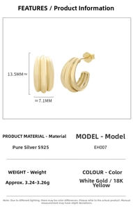 Detail specifications of S925 silver C-shape earrings with 18K gold textured finish