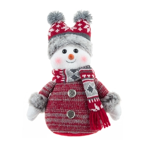 Detailed view of plush snowman doll featuring red and gray knit sweater and hat
