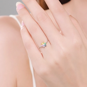 Elegant S925 sterling silver adjustable ring with colorful zircon flower design for women