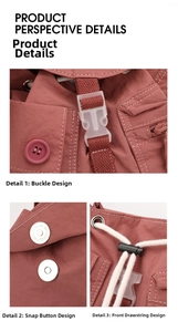 Detail view of pink nylon bucket bag featuring drawstring closure and magnetic buckle snap