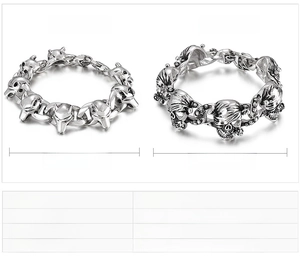 Detailed view of punk wolf and skull heads on heavy stainless steel biker bracelets