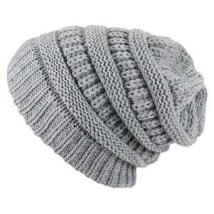Detailed view of the gray knit texture and warm yarn weave on this minimalist winter beanie