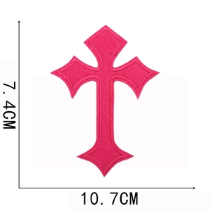 Detailed view of rose red embroidered cross patch with dimensions 7.4cm x 10.7cm