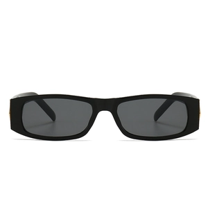 Narrow rectangular black sunglasses with thick frames and gold temple accents