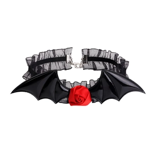 Gothic bat wing choker with red rose and lace ruffles on plain white background
