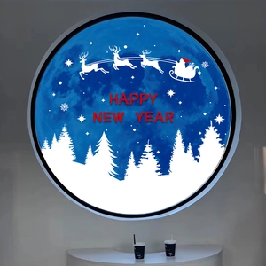 Blue Christmas window static sticker featuring Santa and elk for festive mall decoration