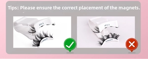 Comparison showing correct and incorrect placement of magnetic eyelashes with applicator tool