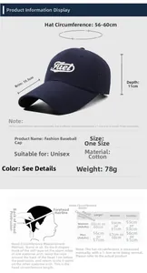 Guide des tailles montrant la visière de 10,5 cm et le tour de tête de 56-60 cm de la casquette