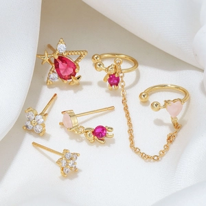 Gold plated S925 earrings set with red pear and pink heart cubic zirconia stones