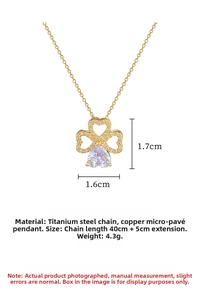 Detail of heart clover pendant with clear zircon inlay and titanium steel chain dimensions