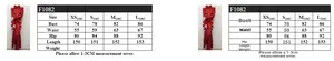 Tableau des tailles pour robe longue rouge découpée montrant les mesures du XS au L