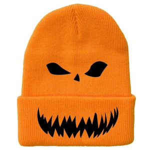 Detailed close-up of orange Halloween beanie featuring a black pumpkin face embroidery