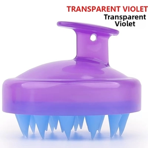 Detalle macro del mango violeta transparente y las cerdas de silicona azul de masaje