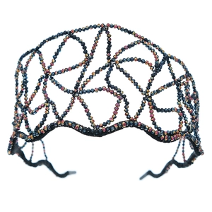 Detailed view of handcrafted dark crystal beaded wire headband with iridescent finish