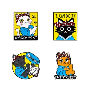 Set of four Japanese style cat enamel pins with motivational quotes on white background
