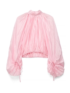 Pink high neck pleated blouse with lantern sleeves and drawstring cuffs on white background