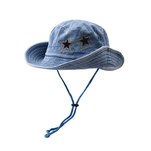 Foldable light blue denim bucket hat with twin star patches and adjustable wind rope