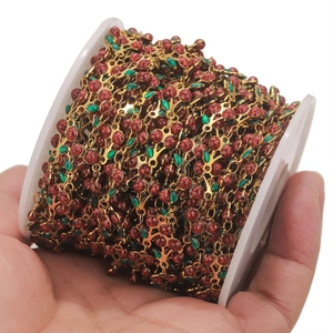 Roll of cherry charm chain with red enamel fruit and green leaves for DIY jewelry making