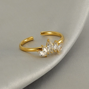 Golden crown-shaped stainless steel adjustable ring with five marquise-cut cubic zirconia