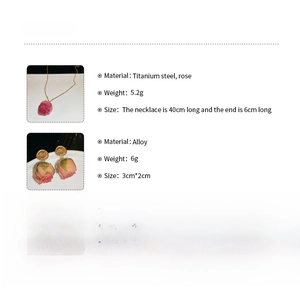 Detailed size chart and material specs for rose necklace and earring jewelry set