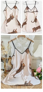 Detail of silk-like satin leopard print nightgown with sleek straps and deep V-neckline