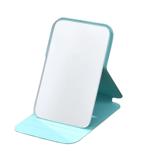 Portable light blue folding desktop makeup mirror with adjustable stand and sleek design