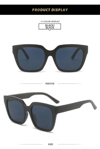 Detail view of bold square frame sunglasses with thick black finish and dark lenses