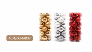 Detailed view of 4cm, 6cm, and 8cm Christmas ball ornaments in gold, silver, and red
