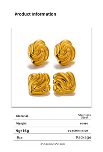 Detail view of 18K gold plated stainless steel square and round geometric earrings specs