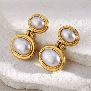 Retro Oval Double Layer Dangle Earrings 18K Gold Plated Stainless Steel With Imitation Artificial Pearl Vintage Style Women