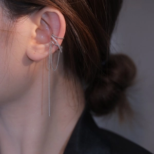 Korean Style Copper Zirconia Double Layer Chain Tassel Ear Cuff For Women Dainty Non Pierced Gold Silver Ear Clip Jewelry
