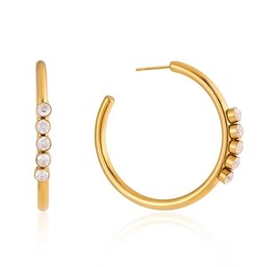 Detailed side and front view of 18K gold plated stainless steel hoop earrings with zircons