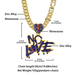 Hip hop cuban chain necklace with blue heart NO LOVE pendant and rhinestone details