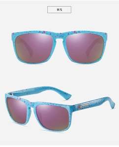Macro detail of blue frame with purple splatter and pink mirrored polarized lenses