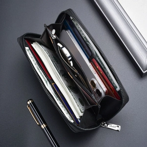 Men's large capacity black long wallet featuring multiple card slots and zipper pocket