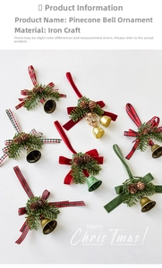 Detail view of Christmas pine cone ornaments with plaid bows and festive bells on white background