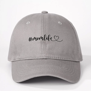 Gray cotton baseball cap with embroidered #momlife and heart pattern, adjustable outdoor hat