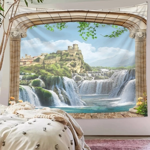 Detail of 3D landscape tapestry featuring a majestic castle and waterfall over a cozy bed