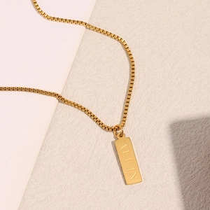 18K gold plated stainless steel box chain necklace with square ALL IN engraved pendant