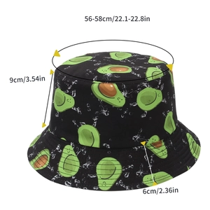 Size chart for black cotton sun hat with avocado print showing brim and head dimensions