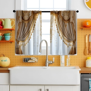 Detail view of 2pcs waterproof kitchen curtains with gold damask pattern and elegant tassels