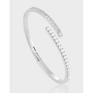 925 Sterling Silver Open Bangle For Women With White Artificial Pearl And Square Cubic Zirconia Inlaid Adjustable Elegant Cuff Jewelry