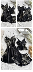 Vue détaillée d'un ensemble pyjama en satin de soie noir à fleurs avec volants
