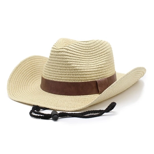 Western style natural straw cowboy hat with wide brim, brown band and windproof chin strap