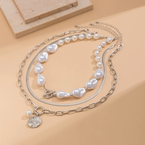 Baroque irregular pearl layered necklace with vintage silver round pendant chains
